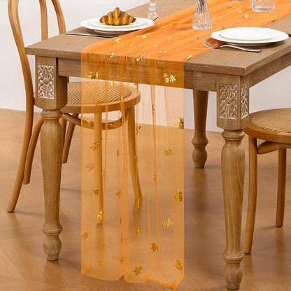 Maple Gold Table Runner for Thanksgiving 3 Pack Sheer Gauze Cheesecloth 120 Inch with Glitter Harvest Table Decor for Family Feasts Dining Room Home Celebration - Orange