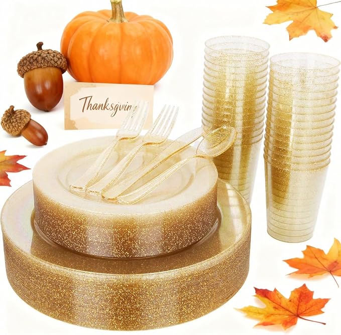 WELLIFE 175 Pieces Gold Glitter Plastic Plates with Silverware and Cups, Includes: 50 Plates, 50 Forks, 25 Knives,25 Spoons and 25 Cups for Party
