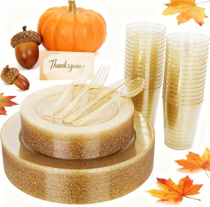 WELLIFE 175 Pieces Gold Glitter Plastic Plates with Silverware and Cups, Includes: 50 Plates, 50 Forks, 25 Knives,25 Spoons and 25 Cups for Party