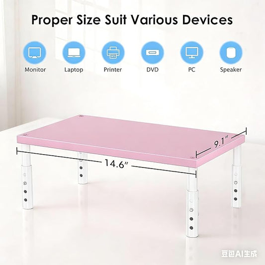 OPNICE Adjustable Computer Monitor Stand Riser for Desk, Desk Organizer & Office Decor for Women, Laptop Stand, Office Desk Accessories & Workspace Organizers for Home Office, Pink Wood