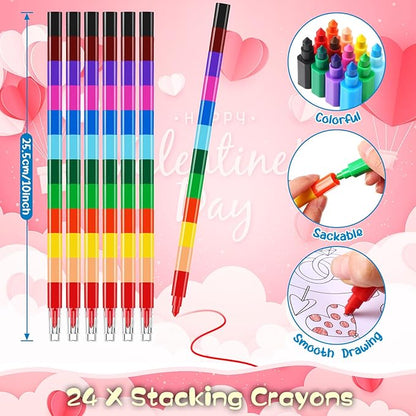 BenLouis 24 Valentines Day Mini Coloring Books Kids with 24 Stacking Crayons Valentines Day School Party Favors Activity Books Bulk for Kids Valentine's Day Goodie Bag Gift Stuffer Classroom Reward