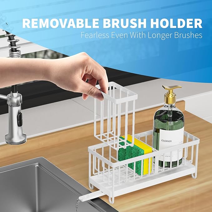 Cisily Sponge Holder for Kitchen Sink, Sink Caddy Organizer with High Brush Holder, Kitchen Countertop Organizers and Storage Essentials, Rustproof 304 Stainless Steel (White, 9.25″)