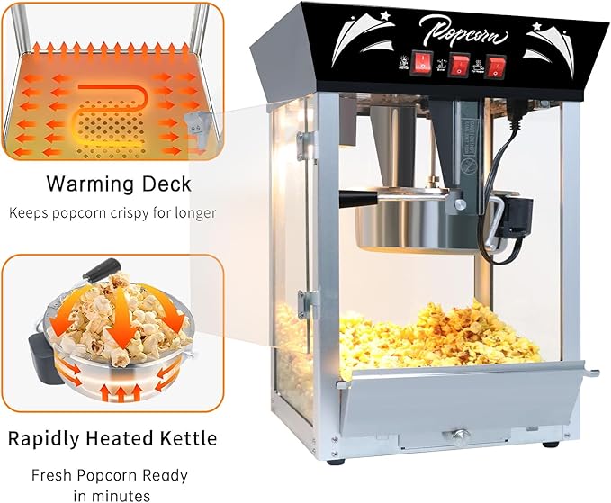 Commercial Popcorn Machine 12Oz with Warming Light, Makes 60 Cups, Theater Style Stainless Steel Popper with Tempered Glass - for Home Theater, Parties & Business, Black