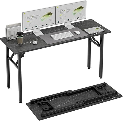 TEMI Small Computer Desk Folding Table - 55.1" Foldable Office Desk, No Assembly, Perfect for Small Spaces in Bedroom, or Apartment, Portable Mini Desk or Study Table Compact Design, Marble Greige