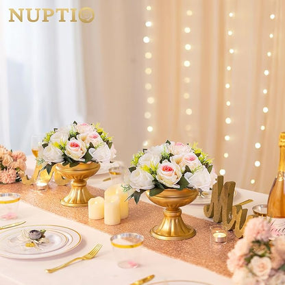 Pcs of 6 Fake Flower Ball Arrangement Bouquet,15 Heads Plastic Roses with Base, Suitable for Our Store's Wedding Centerpiece Flower Rack for Parties Valentine's Day Home Décor (Pink Champagne & White)