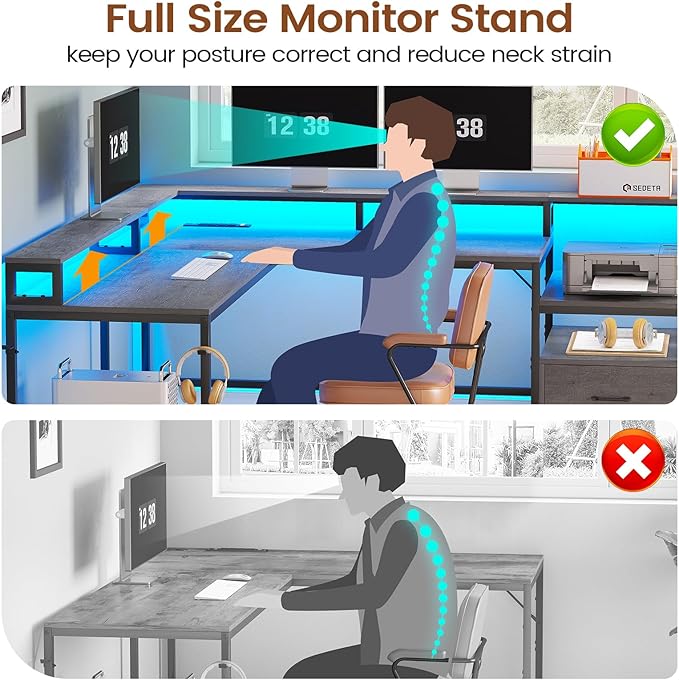 SEDETA L Shaped Desk, 66" Home Office Desk with Wood File Drawer & Power Outlet, Gaming Desk with Led Lights, Corner Computer Desk with Monitor Shelf, Printer Storage Shelves, Two Person Desk, Grey