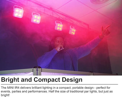Rockville Mini IR4 White LED Wash Light, RGBWA+UV, Compact, App Control, LCD, Wireless DMX, Remote, Rechargeable, Perfect for DJ & Event Lighting