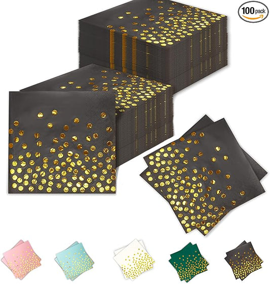 100 Pcs 6.5x6.5 Inch Disposable Black Gold Dot Paper Napkins