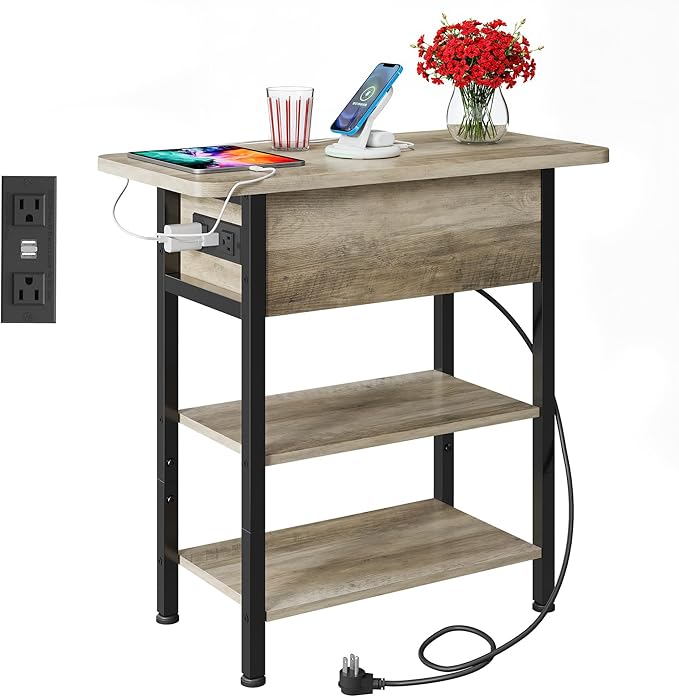 WLIVE End Table with Charging Station, Flip Top Narrow Side Table with Storage Shelf, Small Nightstand with USB Ports and Outlets,Bedside Table for Living Room, Bedroom,11.81" D x 23.62" W x 24.33" H