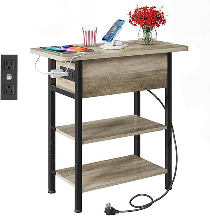 WLIVE End Table with Charging Station, Flip Top Narrow Side Table with Storage Shelf, Small Nightstand with USB Ports and Outlets,Bedside Table for Living Room, Bedroom,11.81" D x 23.62" W x 24.33" H
