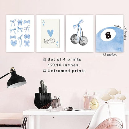 okaxscm Light Blue Coquette Trendy Preppy Wall Art Prints Set of 4,Coquette Preppy Room Decor,Blue Bow Disco 8 Ball Cherry Wall Decor Posters for Girls Bedroom Dorm,12x16 Unframed