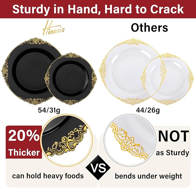 Hioasis 350pcs Black and Gold Plastic Plates - Diposable Dinnerware Set Suitable for 50 Guests Include 10.25" Dinner & 7.5" Dessert Plates, Pre Rolled Silverware Set, Cups for Party & Wedding