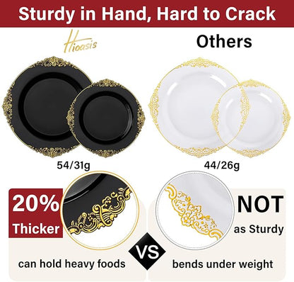 Hioasis 350pcs Black and Gold Plastic Plates - Diposable Dinnerware Set Suitable for 50 Guests Include 10.25" Dinner & 7.5" Dessert Plates, Pre Rolled Silverware Set, Cups for Party & Wedding