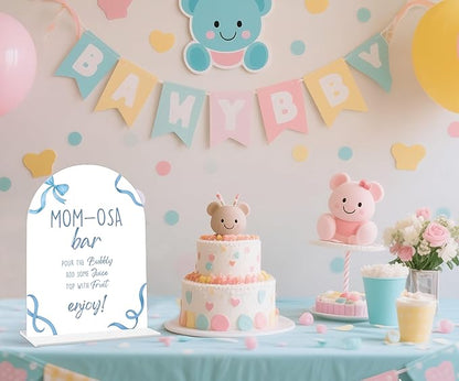 Mom-osa Bar Sign - Blue Bow Baby Shower Sign, 1 Pack Arch Acrylic Sign with Stand, Gender Reveal Party Table Decor, Blue Baby Shower Supplies (SP14)