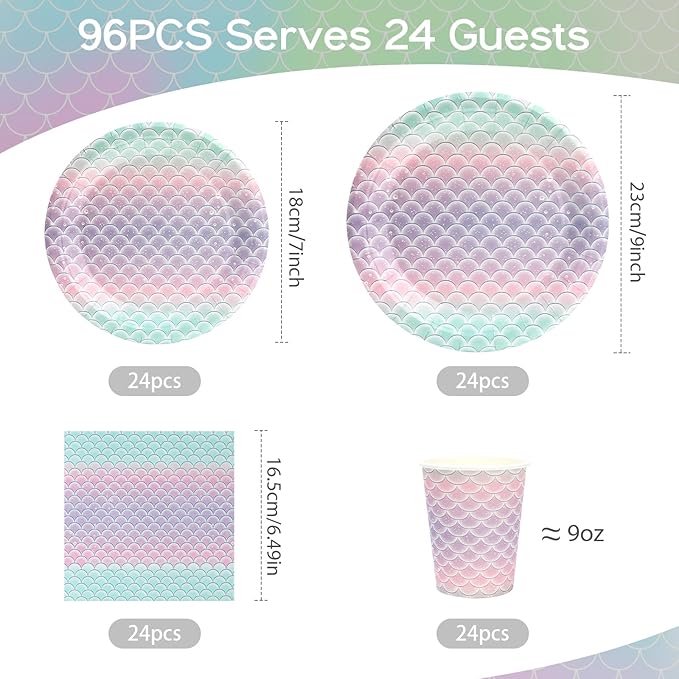 96pcs Mermaid Plates and Napkins, Mermaid Scale Paper Plates and Cups Disposable Tableware Set for 24 Guest Baby Shower Tea Kids Birthday Party Supplies Decorations