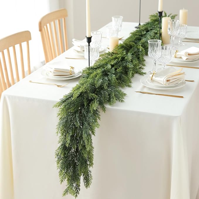MIZII Christmas Garlands 6 Feet Thick Artificial Pine Garland Real Touch Green Pines Vine Faux Greenery Garland Christmas Decorations for Xmas Fireplace Mantle Home Decor Indoor Outdoor (Thick Pine)