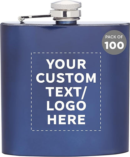 Custom Murano Stainless Steel Hip Flasks 6 oz. Set of 100, Personalized Bulk Pack - Screw on Cap, Great for Wedding Party Gifts, Groomsmen Gifts, Outdoor Activities - Blue