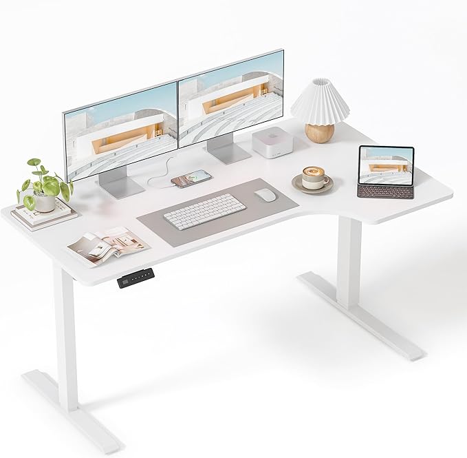 FEZIBO L Shaped Electric Corner Standing Desk, 55×32 inch Home Office & Computer Height Adjustable Table with 4 Memory Height Settings, Ergonomic Sit and Stand Desk with Splice Board, White Top