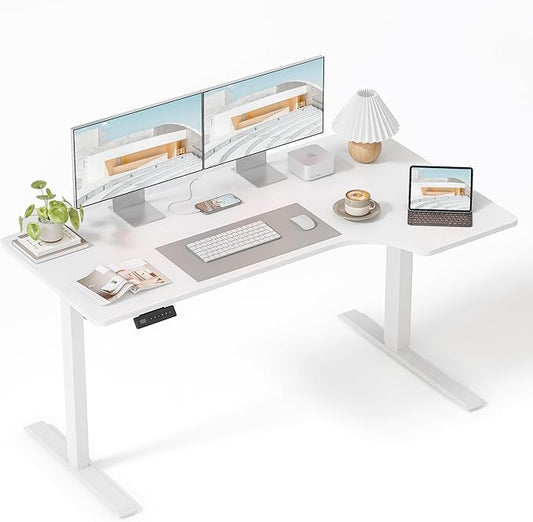 FEZIBO L Shaped Electric Corner Standing Desk, 55×32 inch Home Office & Computer Height Adjustable Table with 4 Memory Height Settings, Ergonomic Sit and Stand Desk with Splice Board, White Top