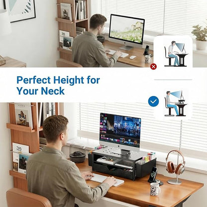 OPNICE Laptop Stand Desk Organizer, 2-Tier Metal Monitor Stand Riser with Drawer & 2 Pen Holders, Ventilated Perforated Steel Top, Office Desk Accessories for Home Office, Black