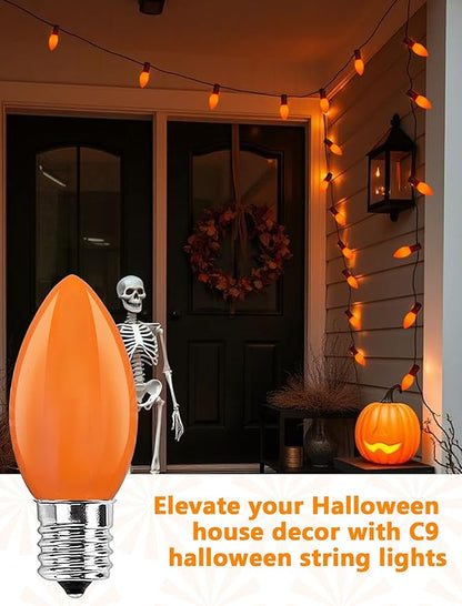 25Ft Halloween Ceramic String Lights, C9 Opaque Orange String Lights with 25 Vintage Bulbs, Outdoor Hanging Lights for Halloween Party Christmas Tree Prom Decor, 7W, C9/E17 Base, Black Wire