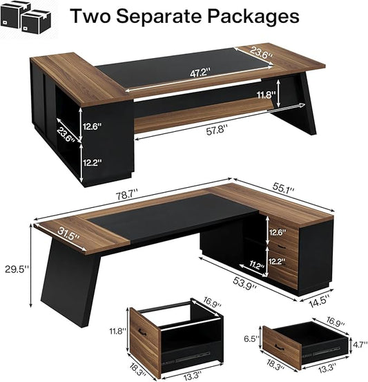 Tribesigns 78" L-Shaped Executive Desk, Extra Large Modern Office Desk with Drawers and File Cabinet, Business Furniture with Storage Shelves, Big Computer Desk for Home Office (Light Walnut + Black)