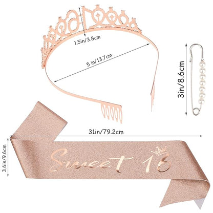 CIEHER 16th Birthday Crown & Sweet 16 Sash & Pearl Pin Set, Birthday Tiara and Crown for Girls, Birthday Girl Sash, Sweet 16 Birthday Decorations for Girls, Sweet Sixteen Gifts