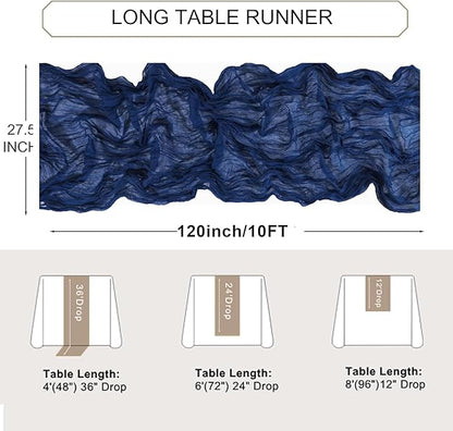 Snowkingdom 10 Ft Navy Blue Cheesecloth Table Runner, 120 inch Long Cheese Cloth Boho Gauze Runner for Christmas Wedding Bridal Baby Shower Birthday Holiday Party Sheer Table Decorations