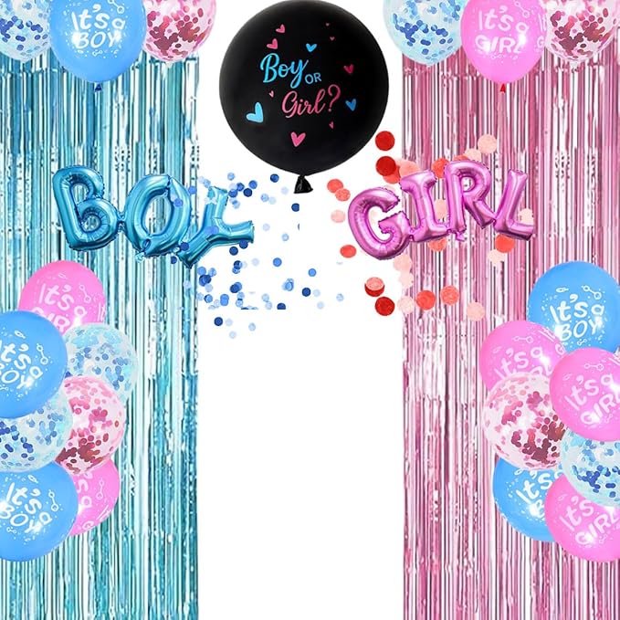 Boy Or Girl Gender Decorations - Pink And Blue Balloons With Fringe Curtains For Gender Reveal Party Photo Backdrop
