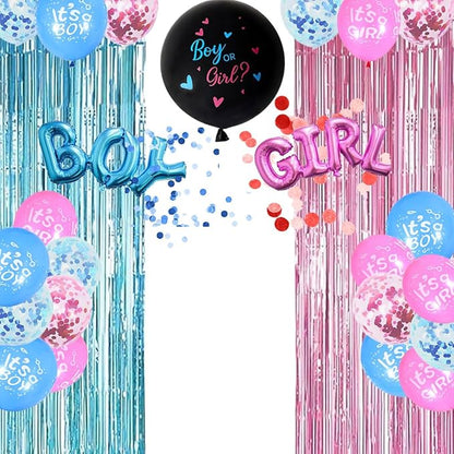 Boy Or Girl Gender Decorations - Pink And Blue Balloons With Fringe Curtains For Gender Reveal Party Photo Backdrop