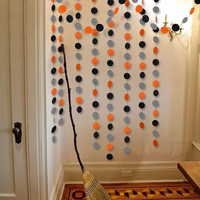 Cheerland Orange Halloween Garland Halloween Party Decorations Polka Dot Circle Streamers Banner Cute Spooky Birthday Party Themed Decor Kids Adult Fall Orange and Black Office Classroom Backdrop 52Ft