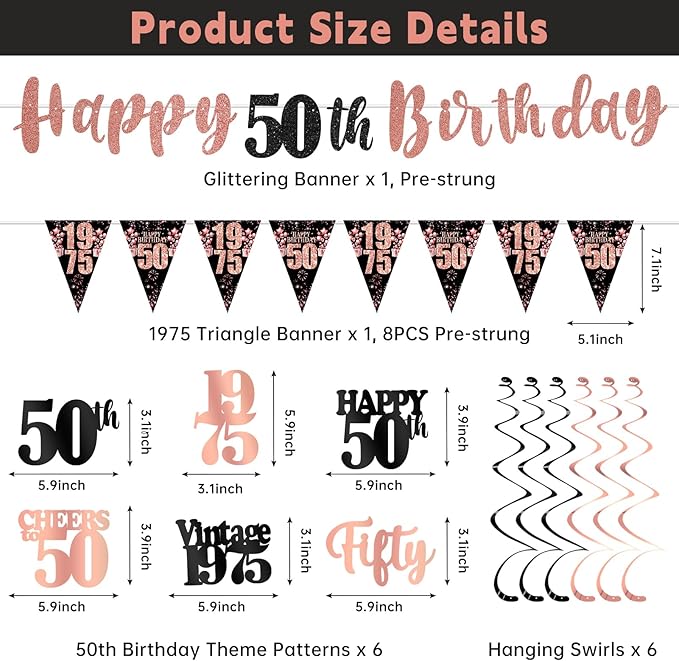 50th Birthday Decorations for Women, Black Rose Gold Happy 50th Birthday Banner Hanging Swirls Vintage 1975 Decorations Kit Cheers to 50 Party Supplies
