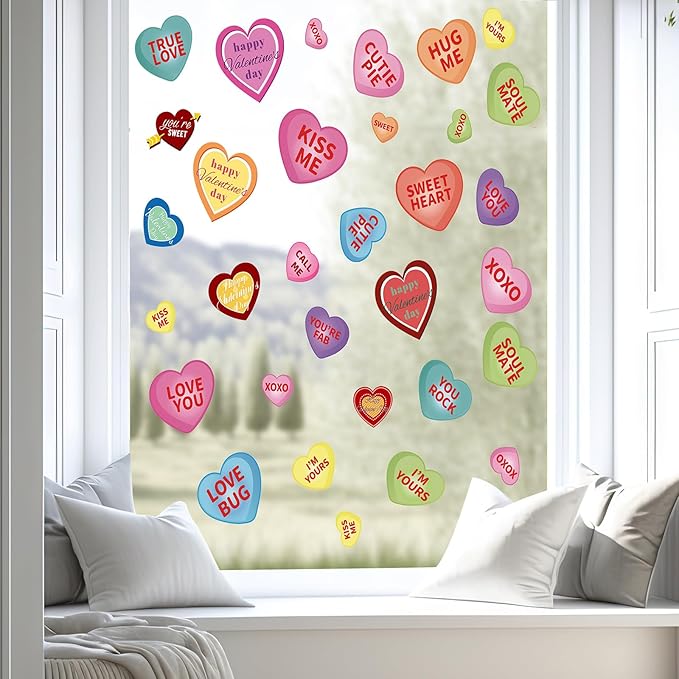 AKEROCK Valentines Day Window Clings, Colorful Heart Shaped Reusable Static Window Stickers for Home, Bathroom, Office Decor