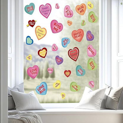 AKEROCK Valentines Day Window Clings, Colorful Heart Shaped Reusable Static Window Stickers for Home, Bathroom, Office Decor
