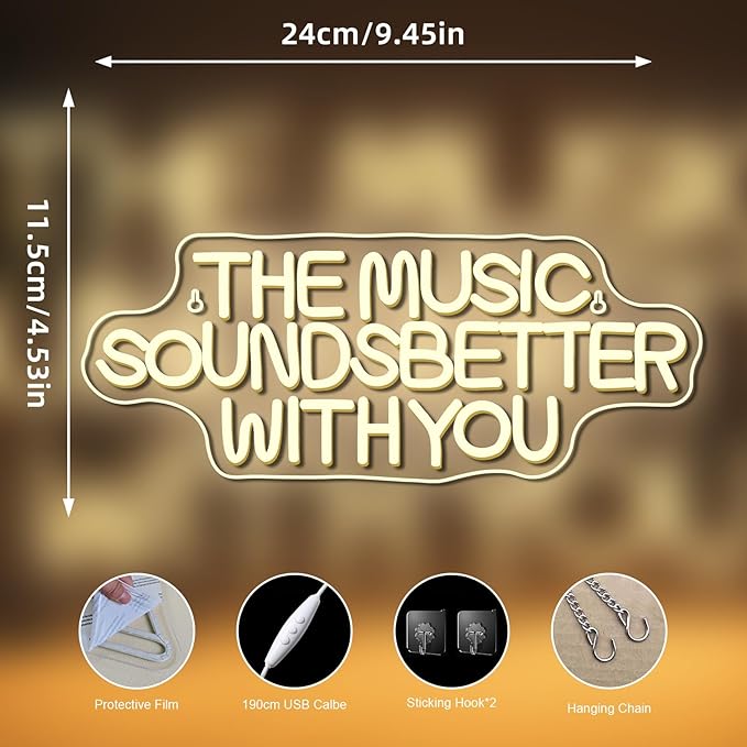 NOSUN White The Music Sounds Better with You Neon Sign Romance Neon Signs for Wall Decor Led Aesthetic Room Decor for Teen Girls Bedroom Salon Party Light