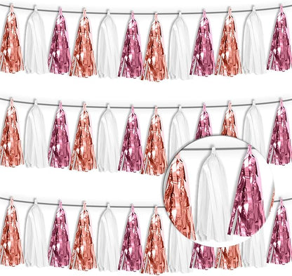 3P Rose-Gold Pink White Tassel Banner Garland Metallic Foil Fringe Banner Tinsel Tassels Streamer Banner Backdrop for Parade Floats, Graduation 2025, Wedding, Birthday, Retirement Party Decorations