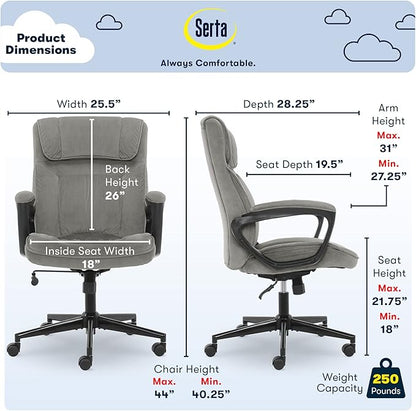 Serta Hannah Executive Home Office Desk Chair, Ergonomic Mid-Back with Lumbar Support, Firm Seat Cushion, Layered Body Pillows, Padded Armrests, Swivel Base, Easy Assembly, Microfiber, Black/Grey
