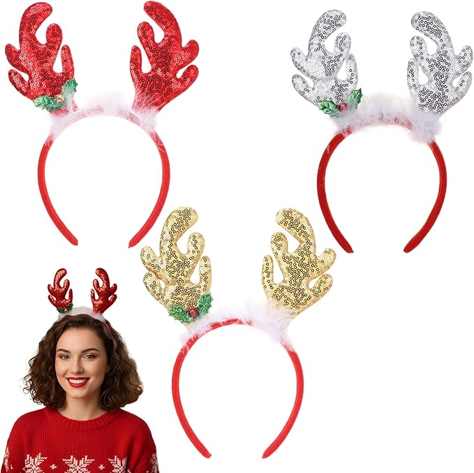 Christmas Reindeer Antlers Headband, 3 PCS Glitter Elk Antlers Hair Bands, Gold Sequin Deer Antler Headwear for Women Girls Xmas Cosplay Costume Hair Accessories Holiday Party Favor Supplies