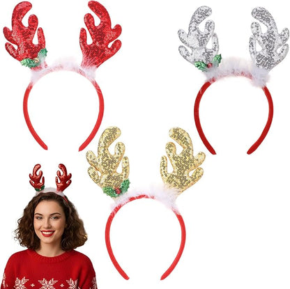Christmas Reindeer Antlers Headband, 3 PCS Glitter Elk Antlers Hair Bands, Gold Sequin Deer Antler Headwear for Women Girls Xmas Cosplay Costume Hair Accessories Holiday Party Favor Supplies