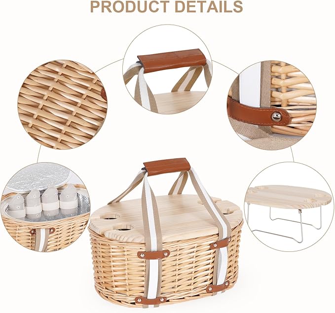 Picnic Basket Set for 4 - Wicker Insulated Picnic Basket with Folding Wine Table, Wine Picnic Kit with Liner for Couples, Camping, Outdoor, Valentine (WhiteFlower)