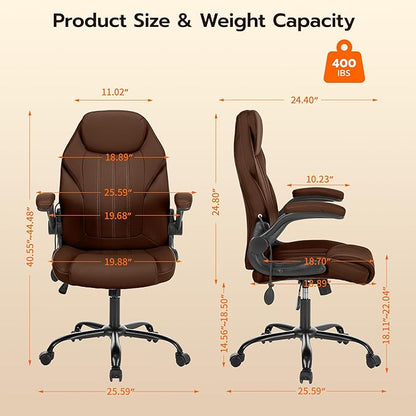 Office Desk Chair, Ergonomic Computer Chair with Padded Flip-Up Arms and Adjustable Lumbar Support, PU Leather Executive Chair with Tilt Lock and 360° Swivel Rolling Wheels for Work, Study