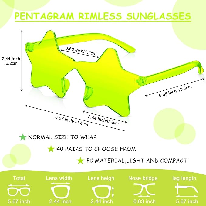 Cindeer 40 Pairs Rimless Star Shape Sunglasses Colorful Transparent Sunglasses Pentagram Glasses for Party