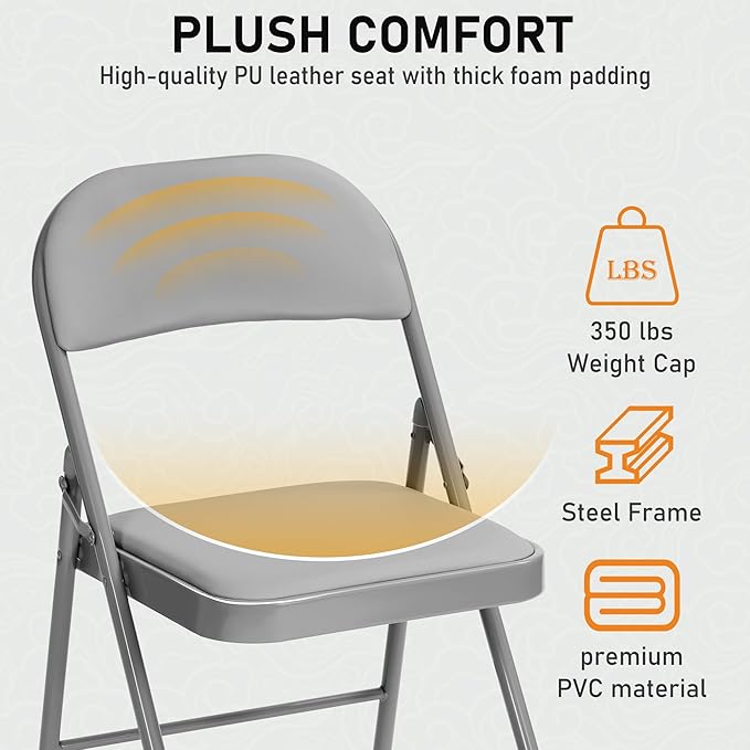 SEALAMB 16 Pack Grey Folding Chairs with Padded Seats & Cushion, Durable Metal Foldable Chairs for Wedding Party, Commercial Chairs for Office School Church Events, 330lb Capacity (Grey-PU, 16 Pack)