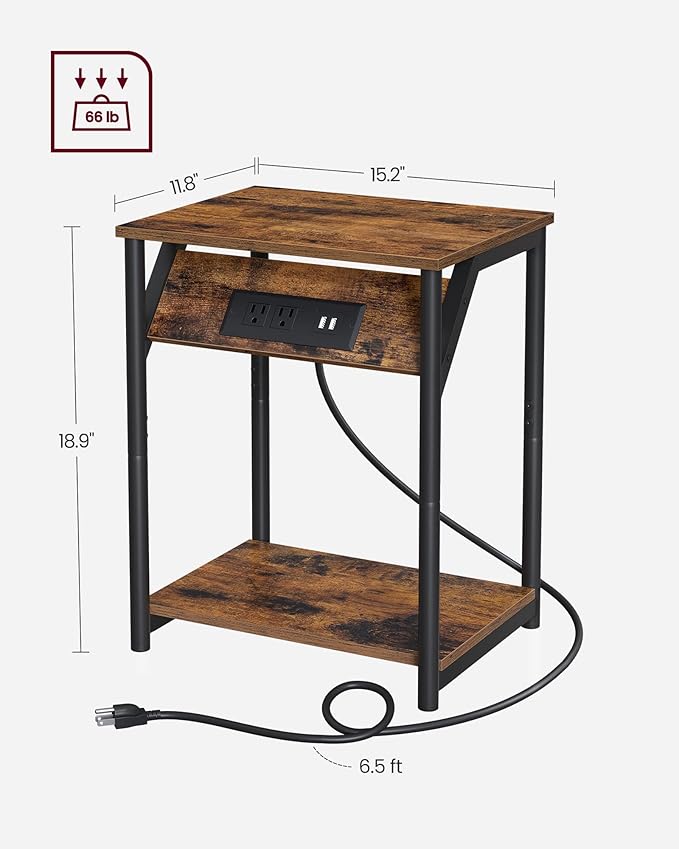VASAGLE End Table with Charging Station, Small Side Table for Living Room, Bedroom, Nightstand with Outlets and USB Ports, Bedside Table with Storage Shelf, Rustic Brown and Black
