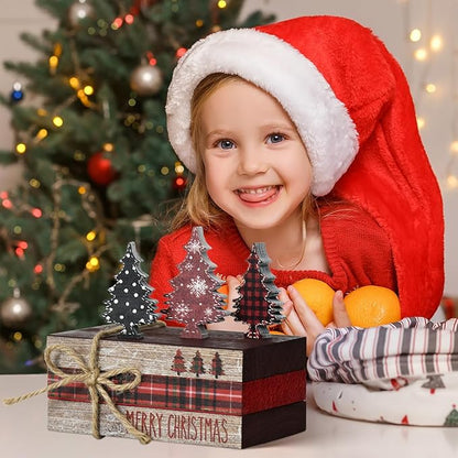 Smile Christmas Wooden Books Stack,Red and Black Check Faux Books Bundle, Trees Tiered Tray Decorations, for Home Table Mantle Shelf.