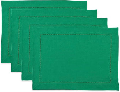 Solino Home Linen Cloth Placemats Set of 4-100% Pure Linen Hemstitch Emerald Green Placemats 14 x 19 Inch - Classic Hemstitch Table Place Mats for Christmas, New Year
