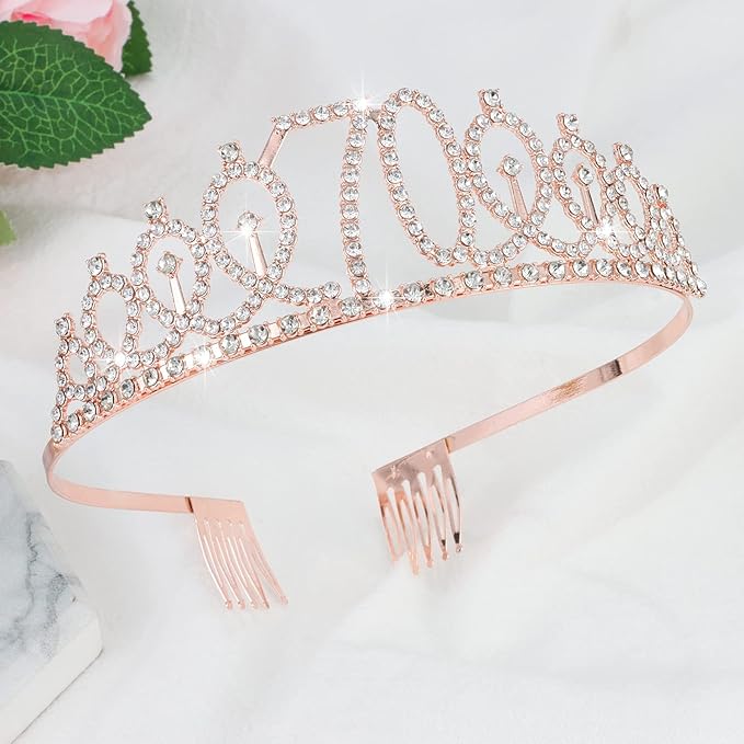 70th Birthday Celebration Pack for Women: Crown, Sash, Pearl Pin, and Photo Booth Props for a Fabulous Milestone