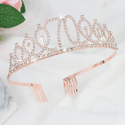 70th Birthday Celebration Pack for Women: Crown, Sash, Pearl Pin, and Photo Booth Props for a Fabulous Milestone