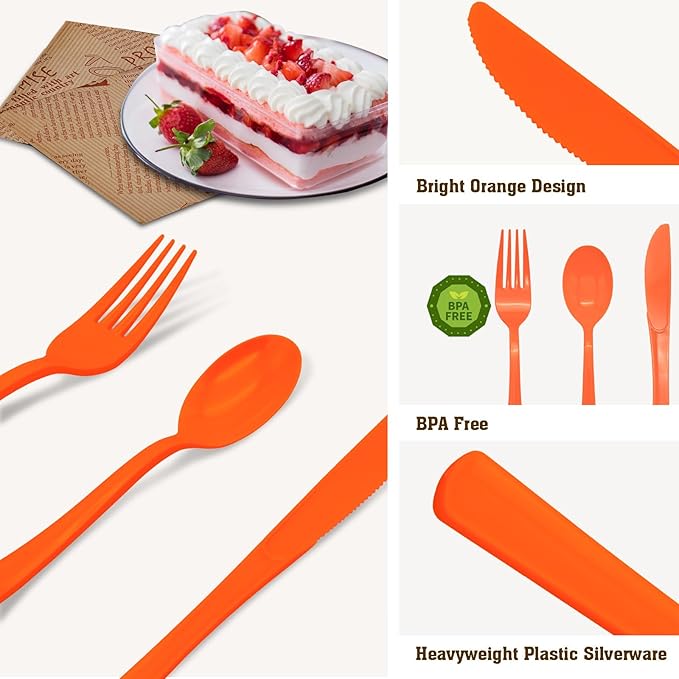 300 Pack Orange Plastic Silverware, Orange Plastic Cutlery Includes 100 Forks, 100 Spoons, 100 Knives for Birthday, Fall Party, Halloween, Thanksgiving