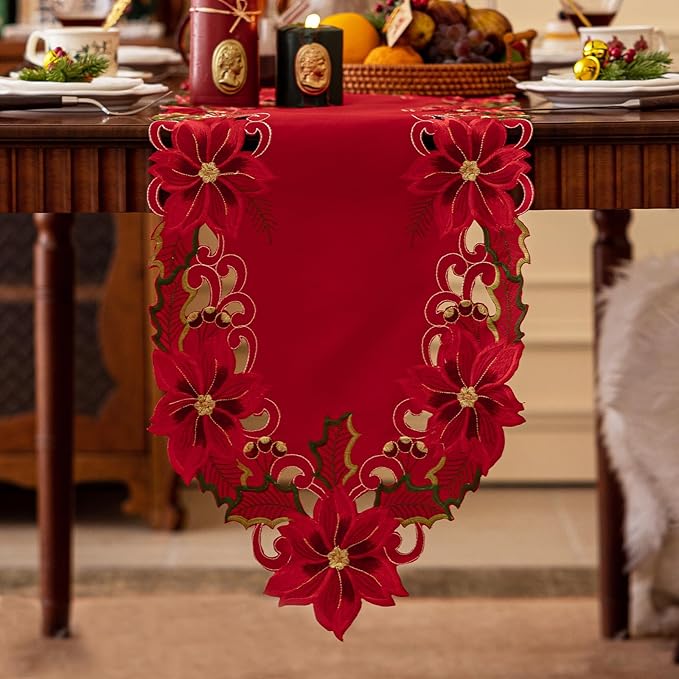 Joyfol Day Christmas Embroidered Red Table Runner 14 x 59 Inch, Cutwork Poinsettia Holly Leaves Acorns Table Runners, for Xmas Holiday Winter Festival Kitchen Dining Tabletop Decoration